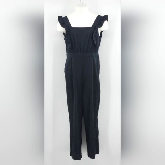 Who What Wear Jumpsuit Womens Size Large Black Ruffle Linen Rayon Summer Resort - Picture 1 of 12